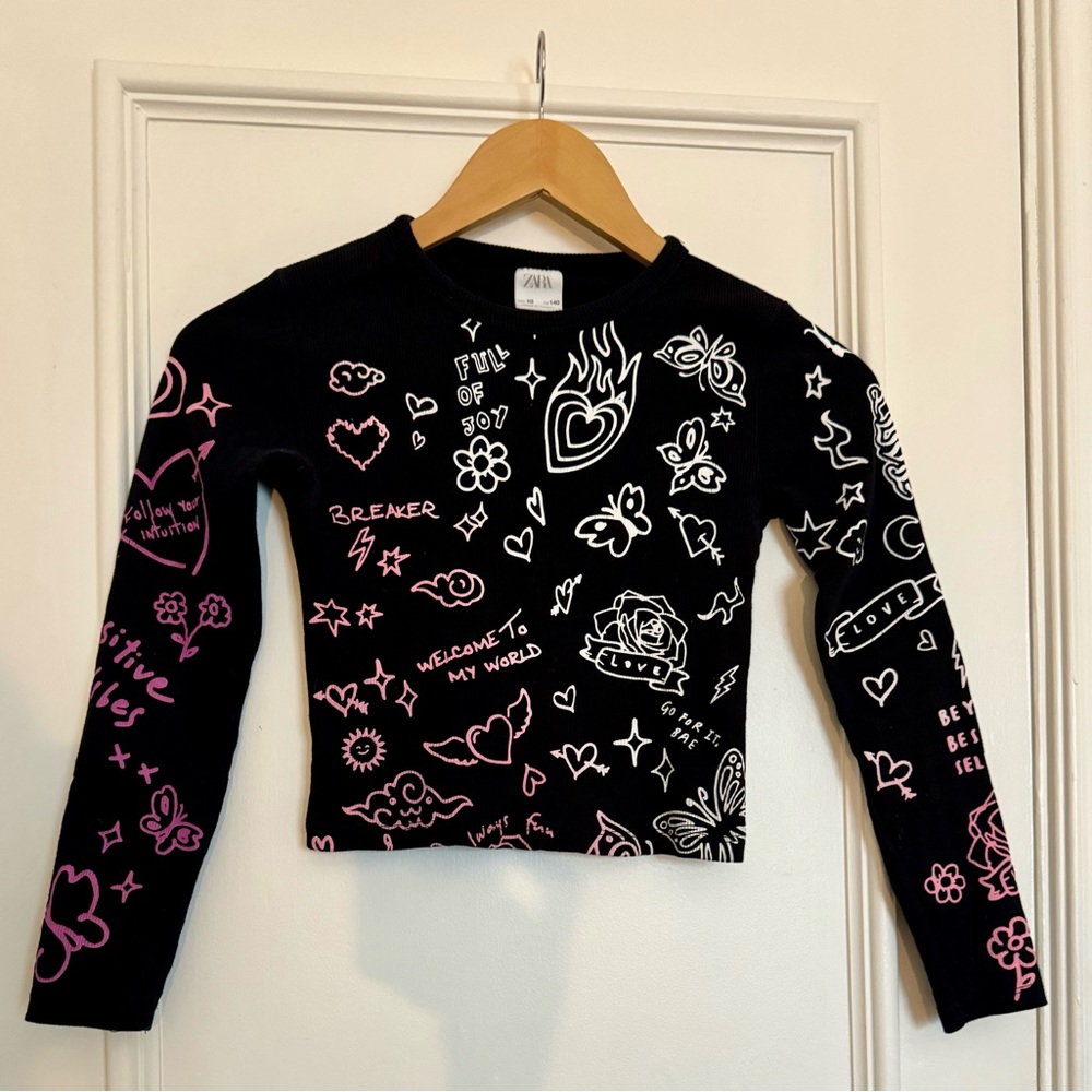 Zara Girls Ribbed Cropped Long Sleeve T-Shirt with Tattoo design